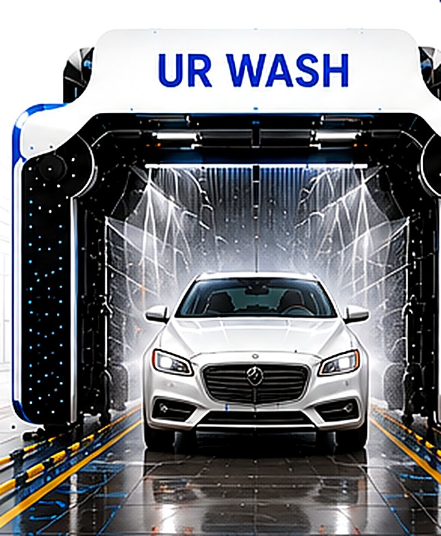 Modern automatic commercial car wash system operating inside a sophisticated wash bay with blue technical lighting