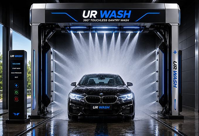 UR WASH 360° touchless gantry car wash system washing a vehicle without brush contact
